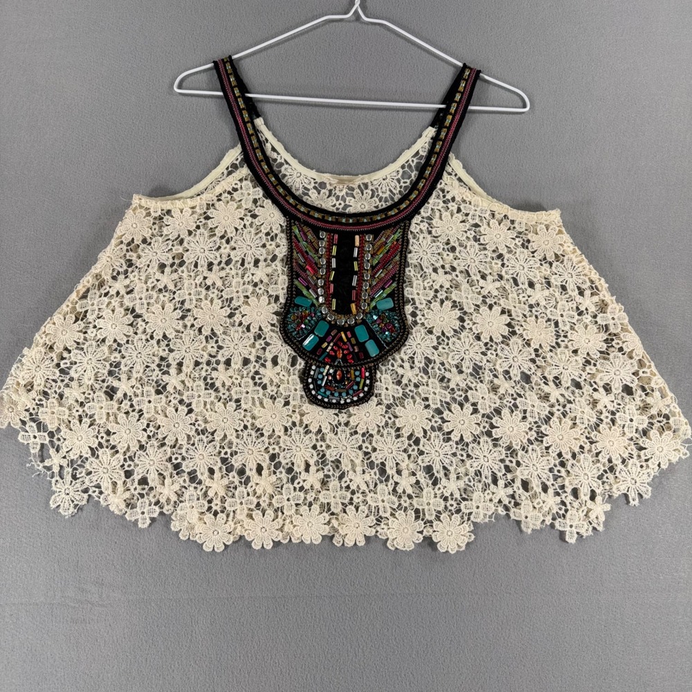 Double Zero Cream Floral Lace Beaded Bib Crop Top Boho Sleeveless Tank Medium